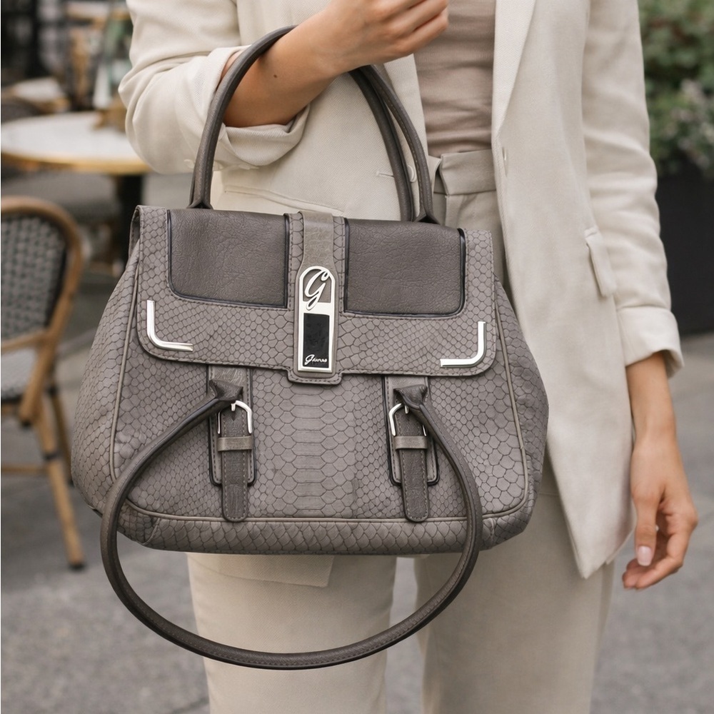 GUESS Gray Snakeskin Embossed Satchel Handbag | Silver Hardware | Floral Lining